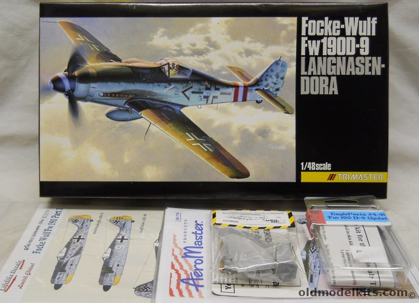 Trimaster 1/48 Focke-Wulf FW-190 D-9 - Langnasen-Dora With Cutting Edge Cockpit / Eagle Parts Update / Aeromaster Decals / Lifelike Decals, MA-1 plastic model kit